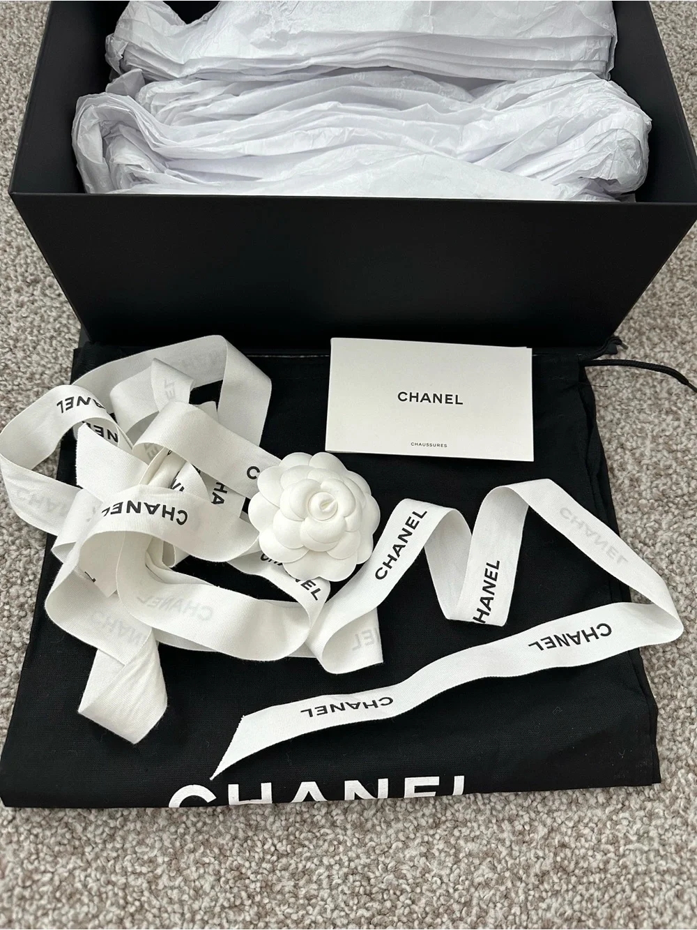 Chanel White Camellia Ribbon Gift Set for small to medium bag